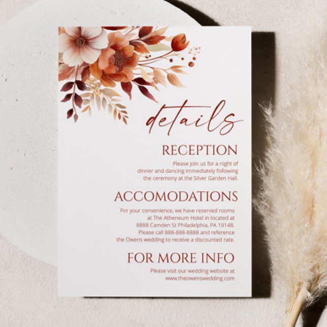 Carte D'accompagnement Rusty Bourgogne Brown Floral Détails Mariage (Créateur téléchargé)