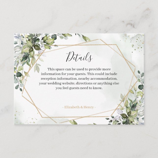 Carte D'accompagnement Sage gold eucalyptus geometric wedding detail card (Devant)