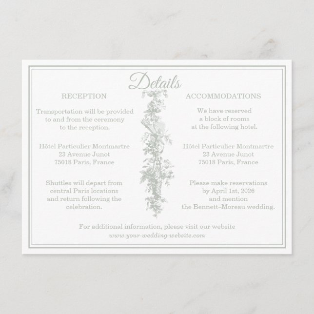 Carte D'accompagnement Sage Gray Toile de Jouy Détails du Mariage Encadré (Devant)