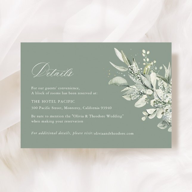 Carte D'accompagnement Sage Green Botanical Wedding Accommodation (Sage green botanical wedding accommodation card, watercolor greenery, modern classic suite flat lay)