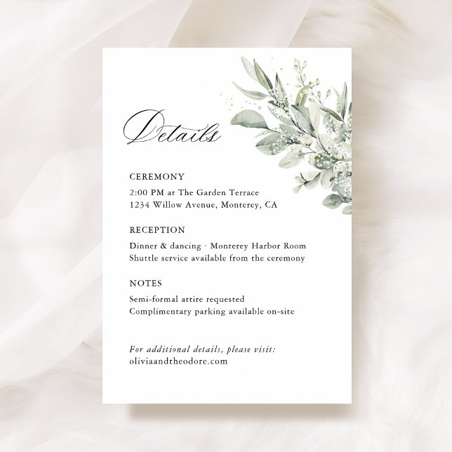 Carte D'accompagnement Sage Green Botanical Wedding Details, Ceremony (Sage green botanical wedding details card, ceremony enclosure stationery with watercolor greenery)