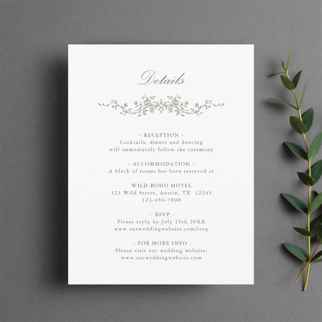 Carte D'accompagnement Sage Green Classic Français Floral Détails du Mari (Créateur téléchargé)