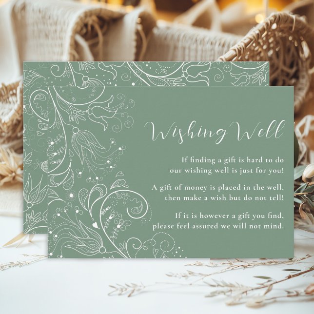 Carte D'accompagnement Sage Green Élégant Mariage Floral Wishing well (Créateur téléchargé)