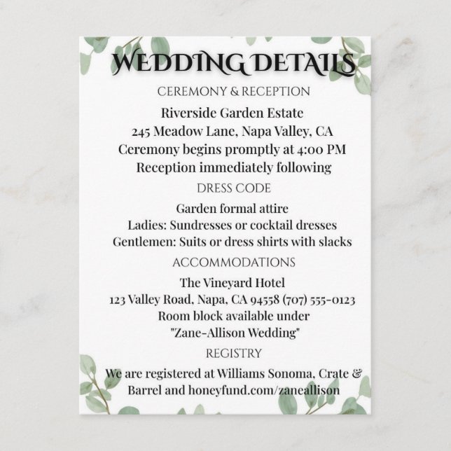 Carte D'accompagnement Sage Green Eucalyptus Wedding Info Card (Devant)