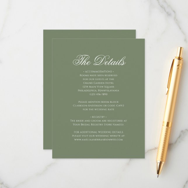 Carte D'accompagnement Sage Green Leaf Monogram Crest Détails du Mariage (Devant/Arrière en situation)