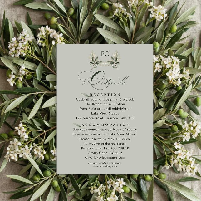Carte D'accompagnement Sage Green Olive Branch Monogram Wedding Details  (Créateur téléchargé)