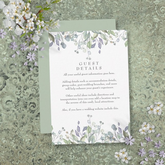 Carte D'accompagnement Sage Lilac Floral Information aux clients Détails (Sage Lilac Floral Guest Information Details Enclosure Card)