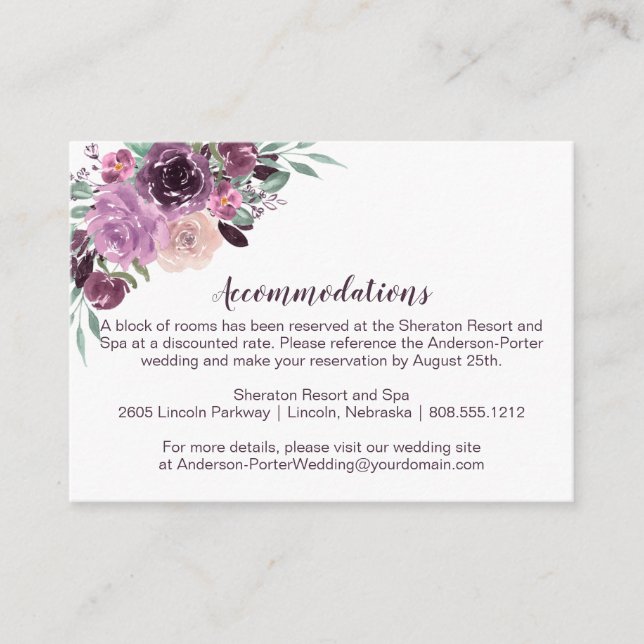 Carte D'accompagnement Sangria Violet Mauve Floral Hébergements | (Devant)