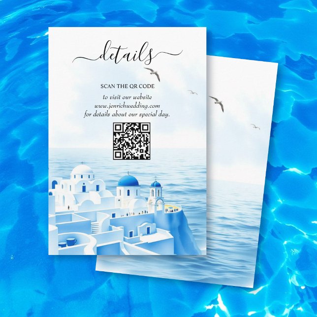 Carte D'accompagnement Santorini Grèce aquarelle détails mariage QR (Créateur téléchargé)