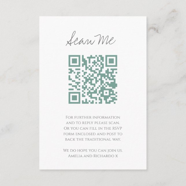 Carte D'accompagnement Scan me QR code mariage site Web monogramme vert (Dos)