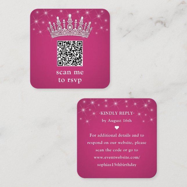 Carte D'accompagnement Scan Me QR RSVP Quinceañera Crown Fuschia Pink (Devant / Derrière)