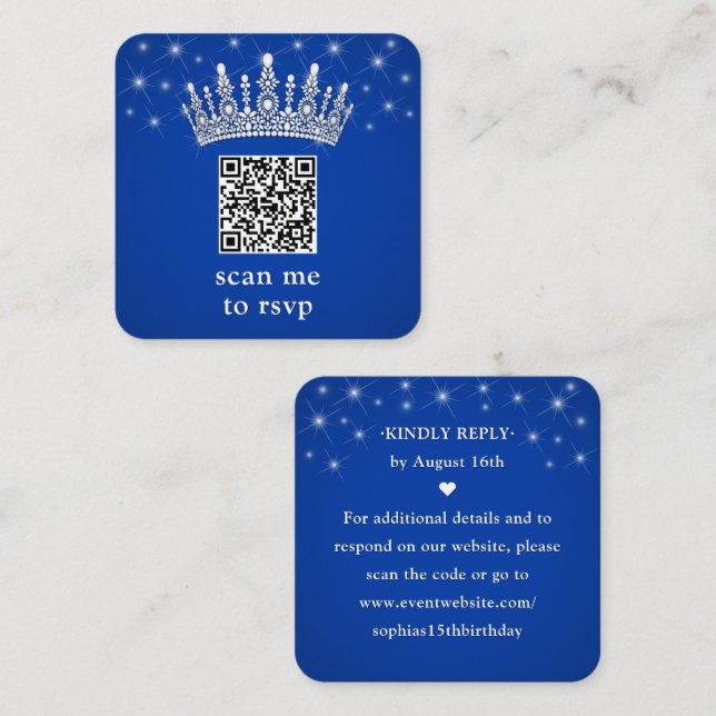 Carte D'accompagnement Scan Me RSVP QR Code Quinceañera Crown Royal Blue (Devant / Derrière)