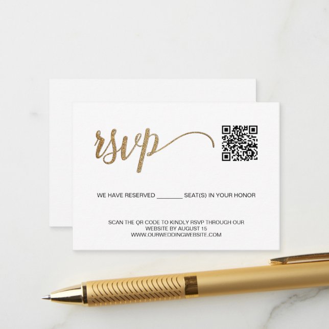 Carte D'accompagnement SCAN QR code Simple Gold RSVP avec sièges réservés (Devant/Arrière en situation)
