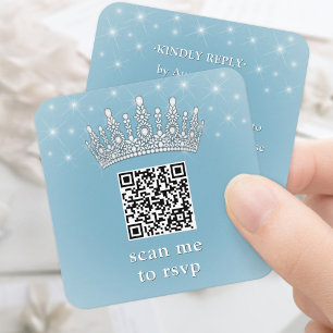 Carte D'accompagnement Scannez-moi QR RSVP Quinceañera Couronne Bleu Clai