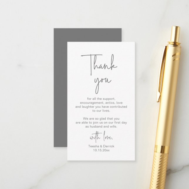 Carte D'accompagnement Script bleu marine moderne, Merci Mariage (Devant/Arrière en situation)