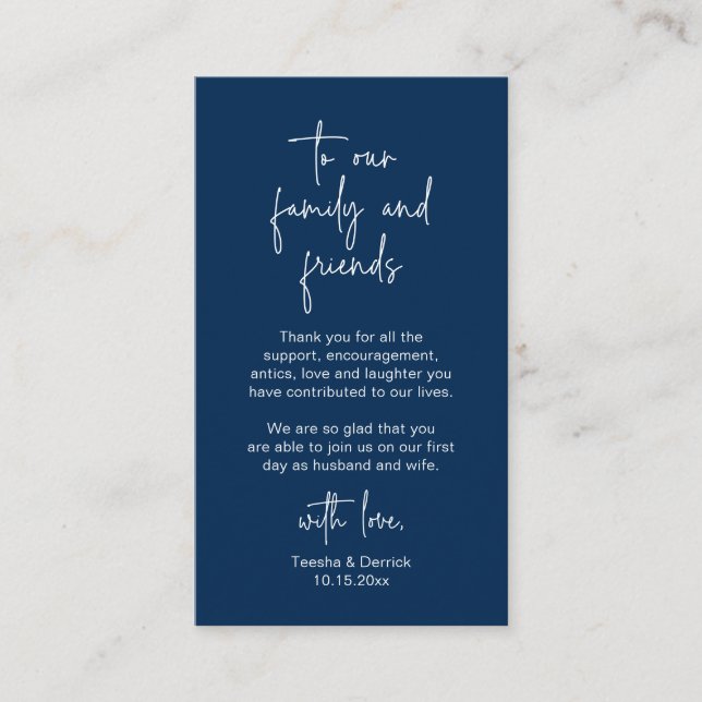 Carte D'accompagnement Script bleu marine moderne, Merci Mariage (Devant)