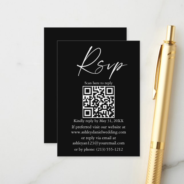 Carte D'accompagnement Script d'encre de calligraphie QR mariage noir RSV (Devant/Arrière en situation)