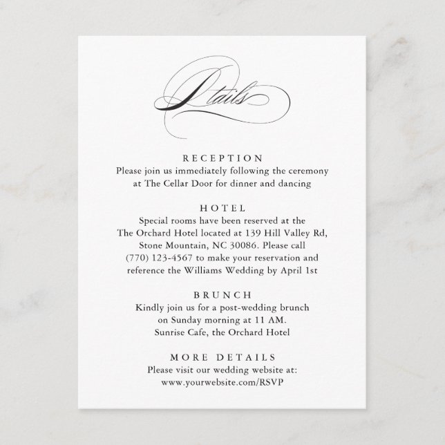 Carte D'accompagnement Script élégant moderne Classic Détails Mariage (Devant)