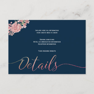 Carte D'accompagnement Script floral navy flush détails du mariage invité