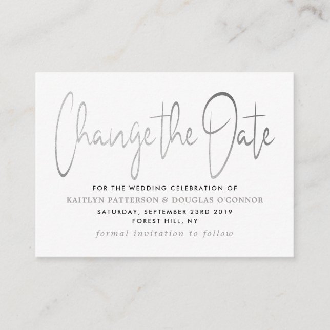 Carte D'accompagnement Script Foil Argent Moderne Modifier La Date (Devant)