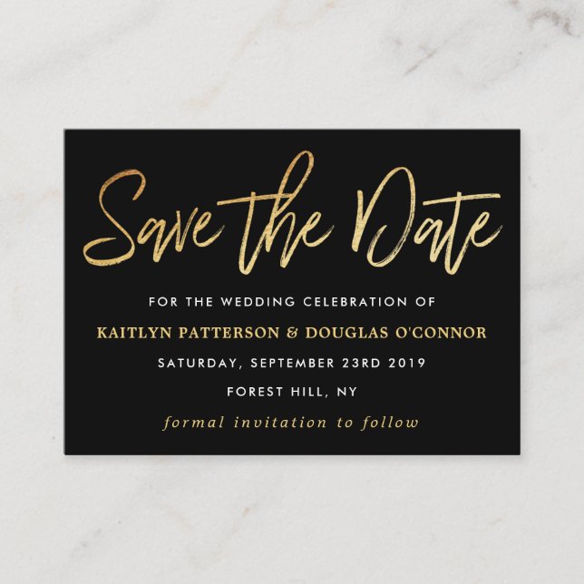 Carte D'accompagnement Script Gold Foil Moderne Enregistrer la date (Devant)