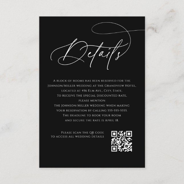Carte D'accompagnement Script Monogram Wedding Details Black QR Code (Devant)