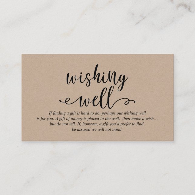 Carte D'accompagnement Script noir kraft rustique, Mariage Wishing Well (Devant)