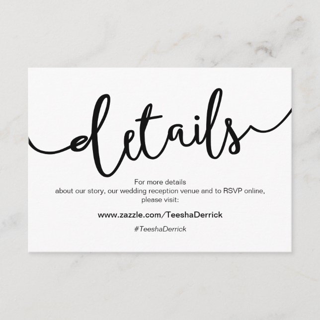 Carte D'accompagnement Script noir rustique, détails Mariage, RSVP (Devant)