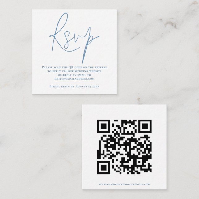 Carte D'accompagnement Script QR Code Mariage bleu blanc RSVP (Devant / Derrière)