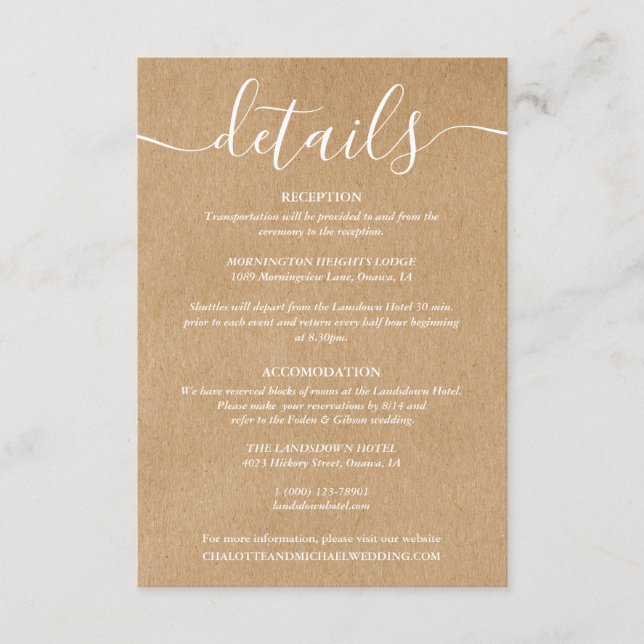 Carte D'accompagnement Script Rustic Kraft Détails du Mariage Information (Devant)