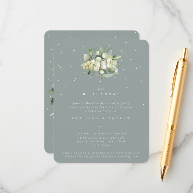 Carte D'accompagnement Seafoam Snowberry+Eucalyptus Mariage répétition (Devant/Arrière en situation)