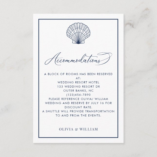 Carte D'accompagnement Seashell Navy Blue Beach Mariages Hébergements (Devant)