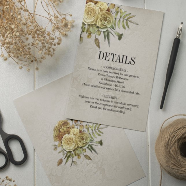 Carte D'accompagnement Shabby Chic Cream et Gold Roses Détails du Mariage (Créateur téléchargé)