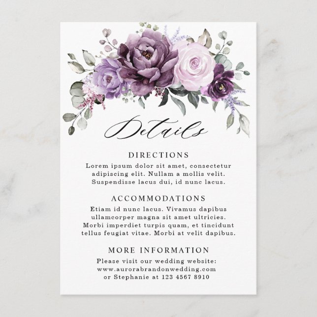 Carte D'accompagnement Shades of Dusty Purple Blooms Détails du Mariage (Devant)