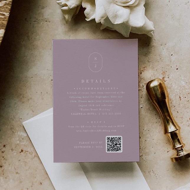 Carte D'accompagnement SHYLAH Géométrique Lilac Monogramme Détails du Mar (SHYLAH Geometric Lilac Monogram Wedding Details Enclosure Card)