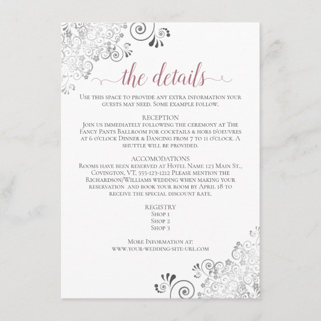 Carte D'accompagnement Silver Frills Dusty Rose sur White Mariage Détails (Devant)