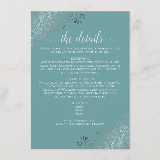 Carte D'accompagnement Silver Frills Élégant Mariage Turquoise Détails (Devant)
