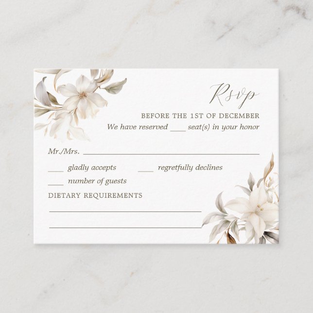 Carte D'accompagnement Silver, or et blanc Floral Quinceañera RSVP (Devant)