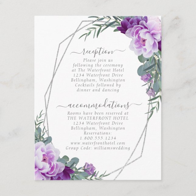 Carte D'accompagnement Silver & Purple Elegant Floral Détails du Mariage (Devant)