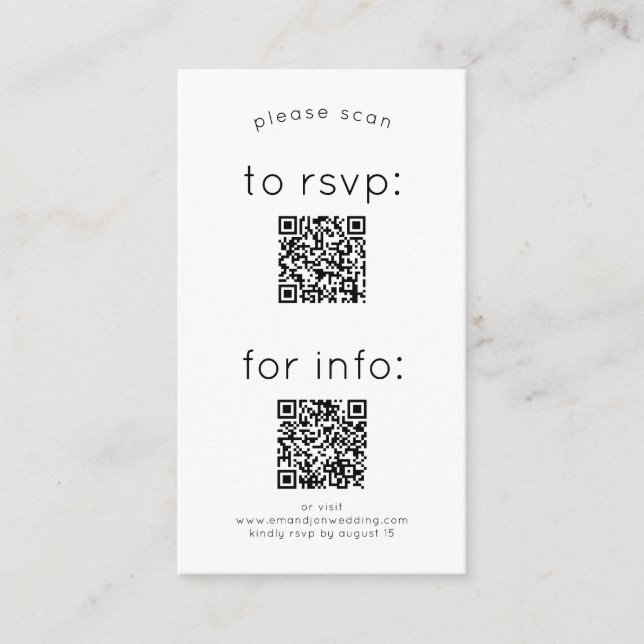 Carte D'accompagnement Simple 2 QR Codes RSVP et détails Mariage (Devant)