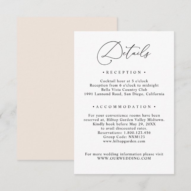 Carte D'accompagnement Simple Black & White Guest Info Détails du Mariage (Devant / Derrière)