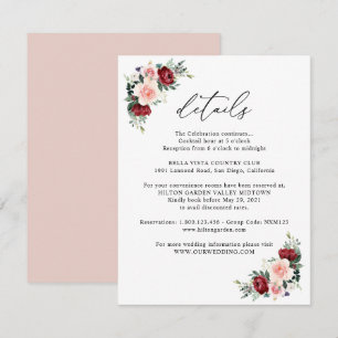 Carte D'accompagnement Simple Burgundy Blush Floral Détails du Mariage