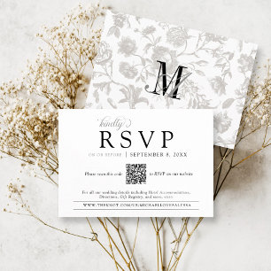 Carte D'accompagnement Simple noir blanc Vintage Mariage Floral QR RSVP