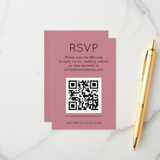 Carte D'accompagnement Simple QR Code Dusty Rose mariage rose RSVP (Devant/Arrière en situation)