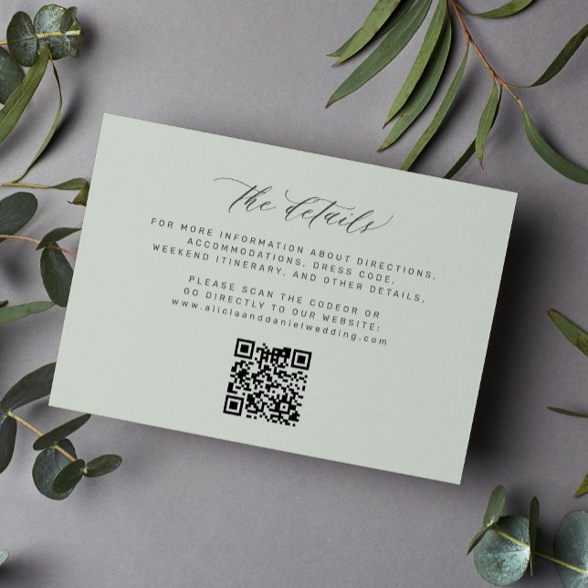 Carte D'accompagnement Simple script minimal QR code sage détails mariage (Créateur téléchargé)