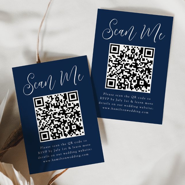 Carte D'accompagnement Simple Script Navy QR Code Mariage RSVP (Créateur téléchargé)