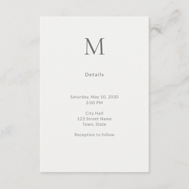 Carte D'accompagnement Single Initial Civil Wedding Details Card (Devant)