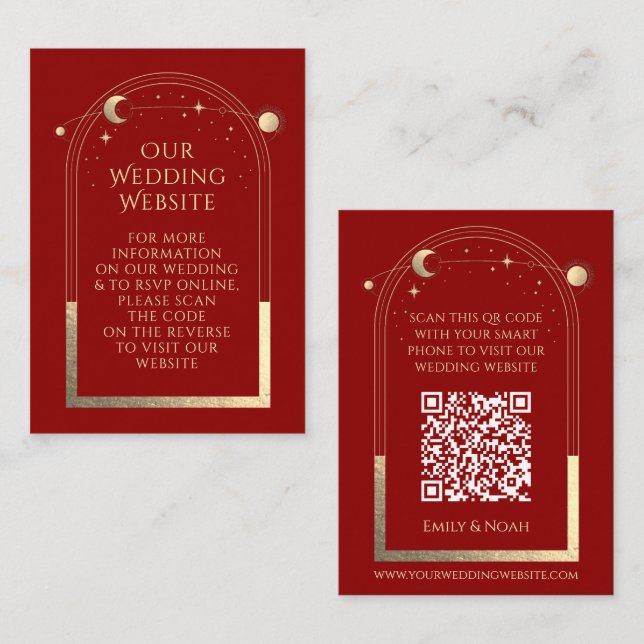 Carte D'accompagnement Site de Mariage Mysical Red Gold RSVP QR Code (Devant / Derrière)