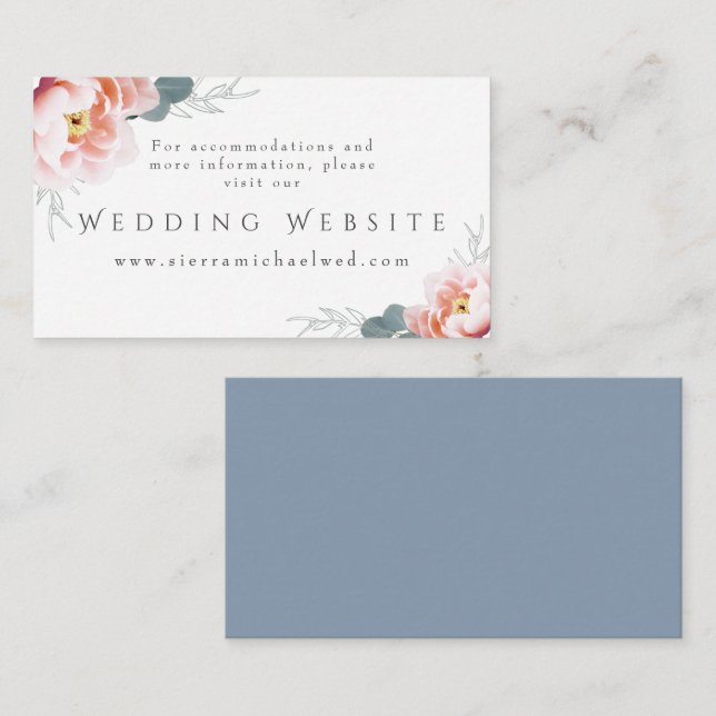 Carte D'accompagnement Site mariage | Élégant floral Dusty Blue Blush (Devant / Derrière)