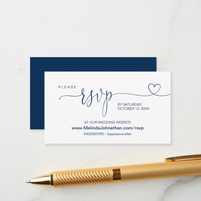 Carte D'accompagnement Site Mariage en ligne RSVP, Modern Navy Blue (Devant/Arrière en situation)
